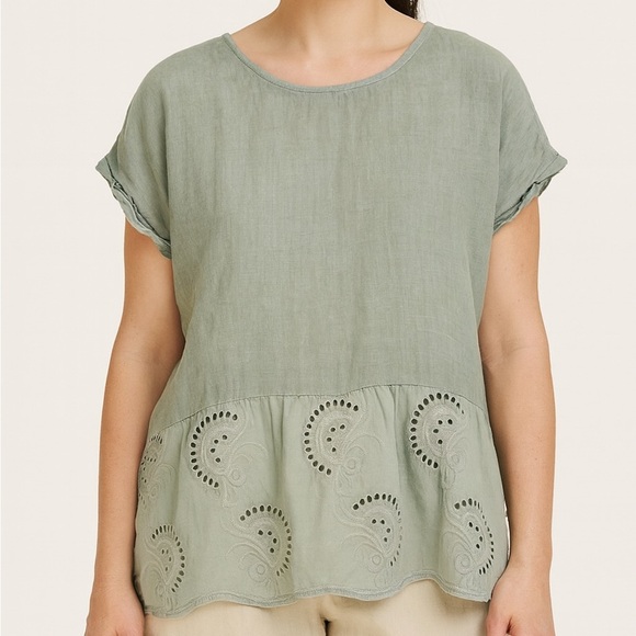 TEREZO Millennio 100% Italian Linen Mixed Media Perforated Eyelet Boho Blouse - Picture 1 of 10